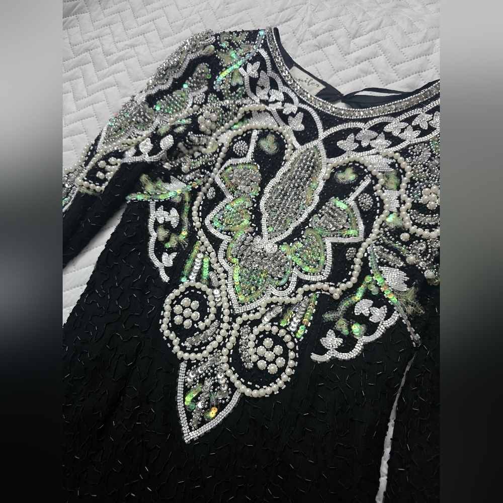 Vingage Elegant Black and Green Sequin Pearl Embellished Dress Silk India - Picture 7 of 10